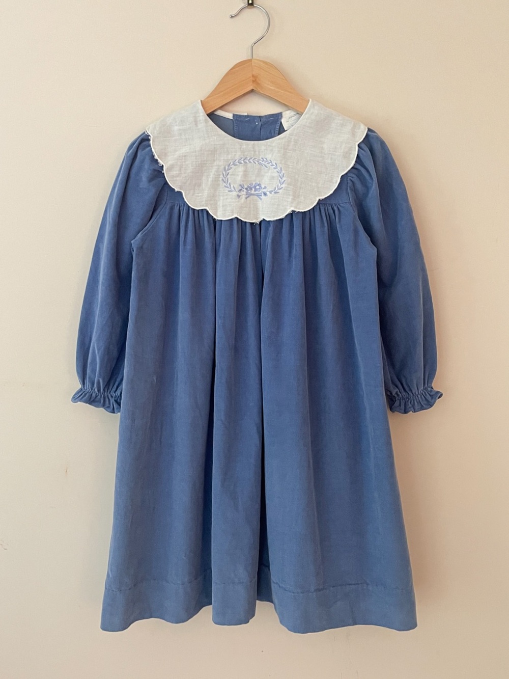 LAVENDER BLUE Cornflower Blue Corduroy Embroidered Collar Heirloom Dress